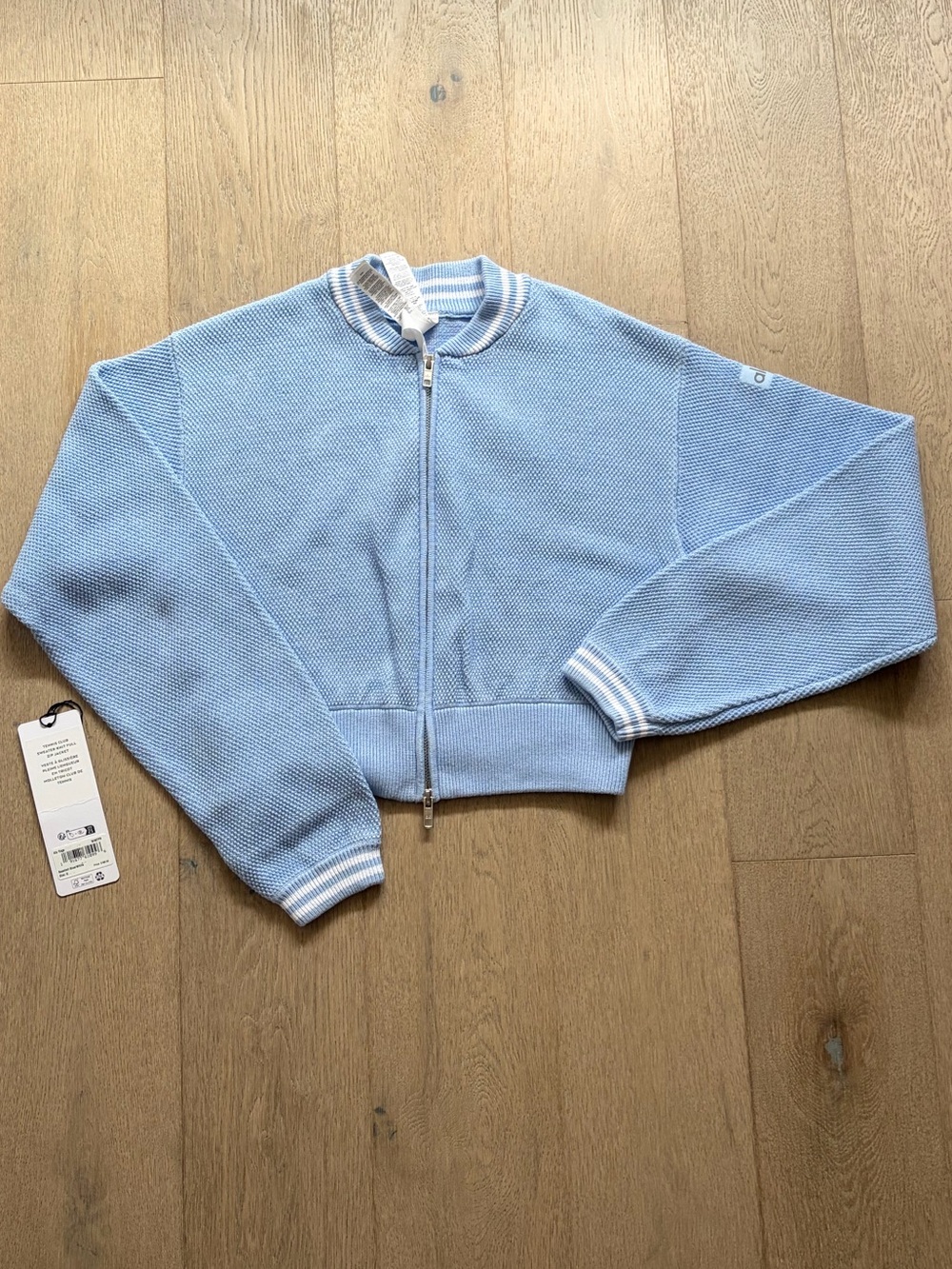 EUC alo tennis club sweater knit full zip jacket seashell blue/white small